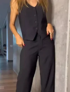 Women's Set Suit Vest Work Buttons Solid Color Breathable OL Style Regular Fit Outerwear Sleeveless Summer Black S