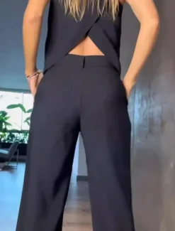 Women's Set Suit Vest Work Buttons Solid Color Breathable OL Style Regular Fit Outerwear Sleeveless Summer Black S