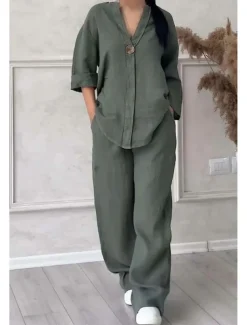 Women's Sets Pure Color Casual Comfort Home Daily Breathable Shirt Pant Summer Spring Home Outfits