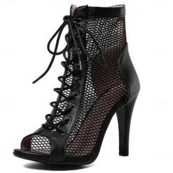 Women's Sexy Black Lace-Up Mesh Dance Boots with Peep-Toe Design - Ideal for Dance Parties and Performances
