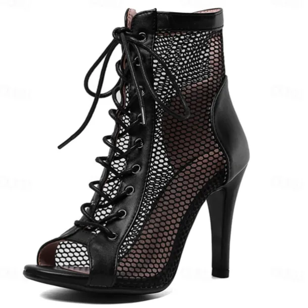 Women's Sexy Black Lace-Up Mesh Dance Boots with Peep-Toe Design - Ideal for Dance Parties and Performances