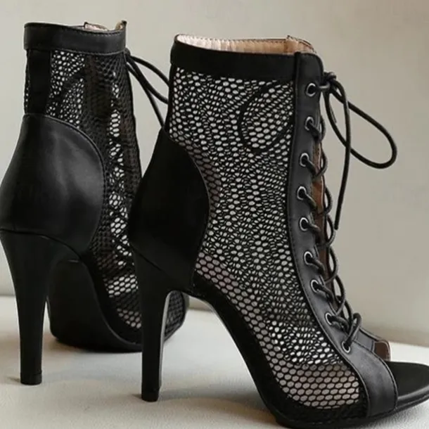 Women's Sexy Black Lace-Up Mesh Dance Boots with Peep-Toe Design - Ideal for Dance Parties and Performances
