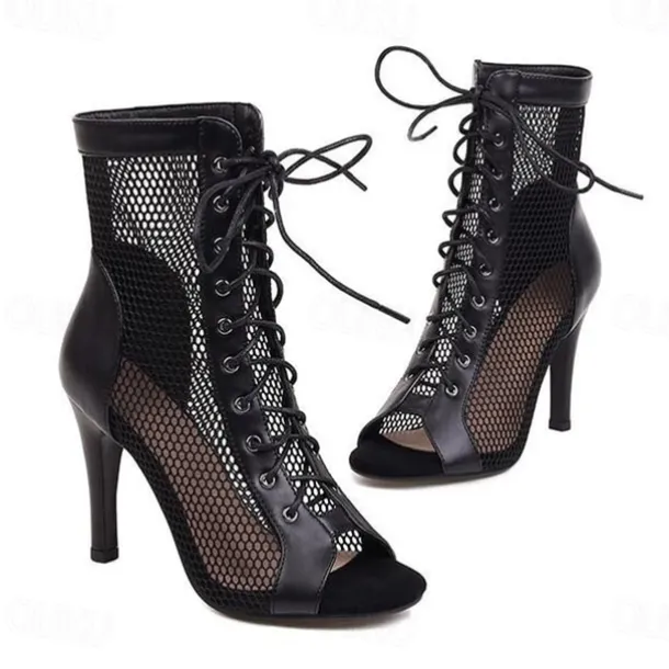 Women's Sexy Black Lace-Up Mesh Dance Boots with Peep-Toe Design - Ideal for Dance Parties and Performances