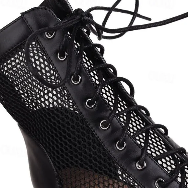 Women's Sexy Black Lace-Up Mesh Dance Boots with Peep-Toe Design - Ideal for Dance Parties and Performances