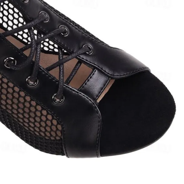 Women's Sexy Black Lace-Up Mesh Dance Boots with Peep-Toe Design - Ideal for Dance Parties and Performances