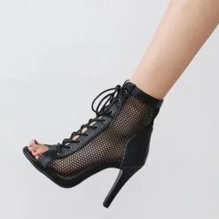 Women's Sexy Black Lace-Up Mesh Dance Boots with Peep-Toe Design - Ideal for Dance Parties and Performances