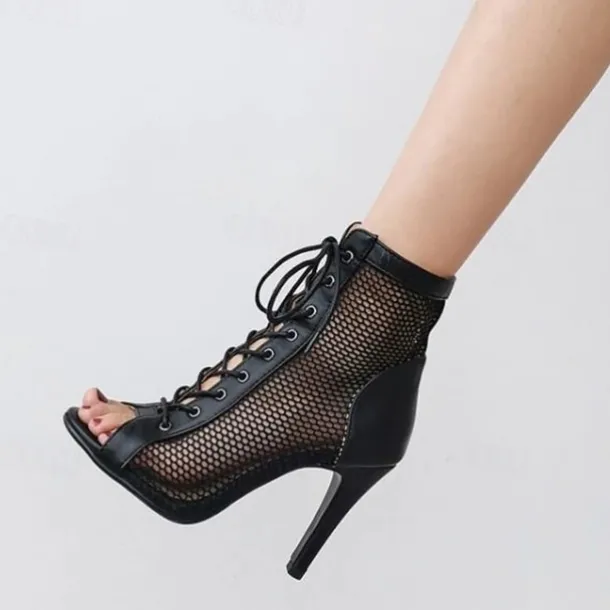 Women's Sexy Black Lace-Up Mesh Dance Boots with Peep-Toe Design - Ideal for Dance Parties and Performances