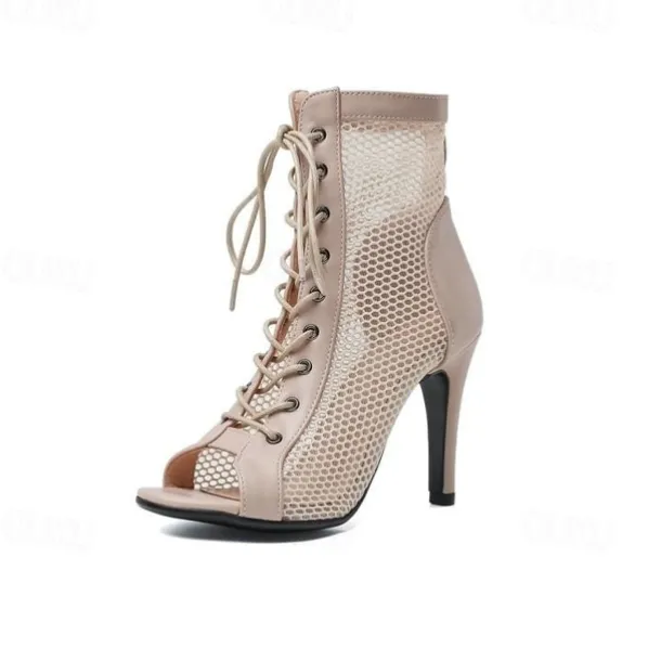 Women's Sexy Black Lace-Up Mesh Dance Boots with Peep-Toe Design - Ideal for Dance Parties and Performances