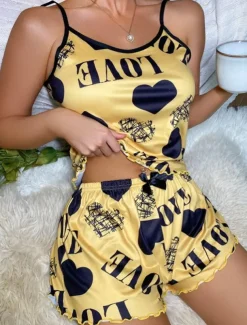 Women'S Sexy Camisole Pajama Print Alphabet Homewear Set Home Outfits