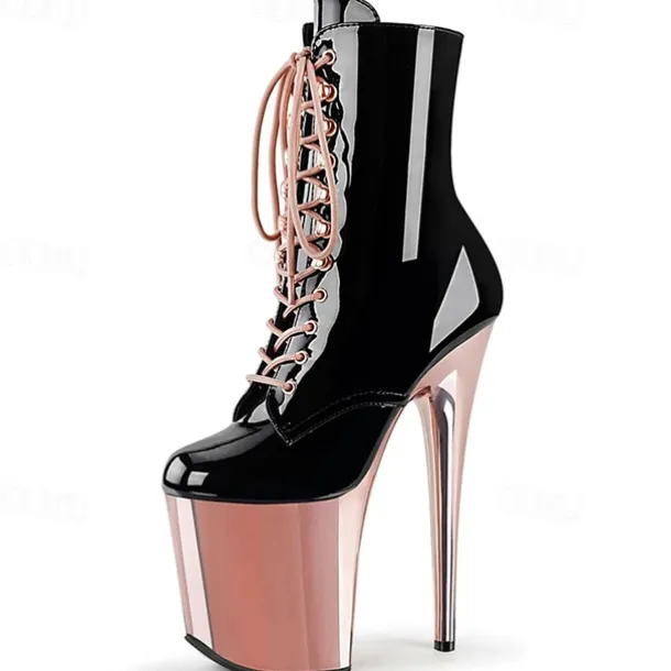 Women's Sexy Platform Lace-Up Stiletto Heeled Dance Boots - Black and Red Patent Leather Ankle Boots for Performances, Night Out, and Cosplay