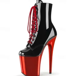 Women's Sexy Platform Lace-Up Stiletto Heeled Dance Boots - Black and Red Patent Leather Ankle Boots for Performances, Night Out, and Cosplay