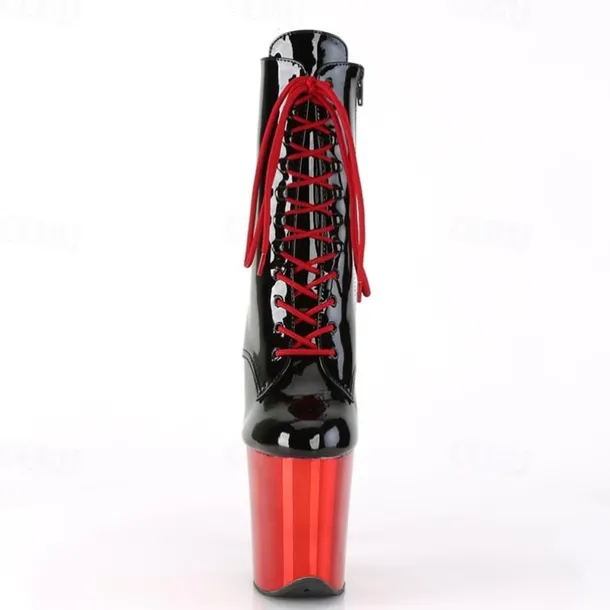 Women's Sexy Platform Lace-Up Stiletto Heeled Dance Boots - Black and Red Patent Leather Ankle Boots for Performances, Night Out, and Cosplay