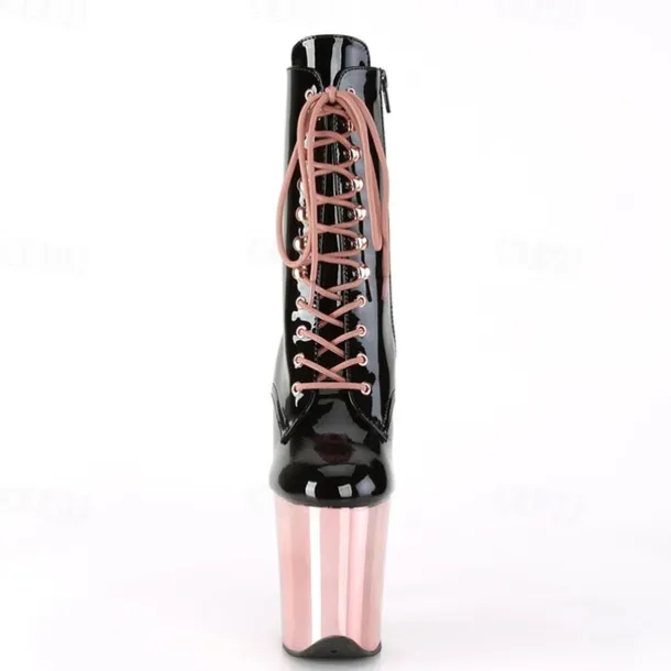 Women's Sexy Platform Lace-Up Stiletto Heeled Dance Boots - Black and Red Patent Leather Ankle Boots for Performances, Night Out, and Cosplay