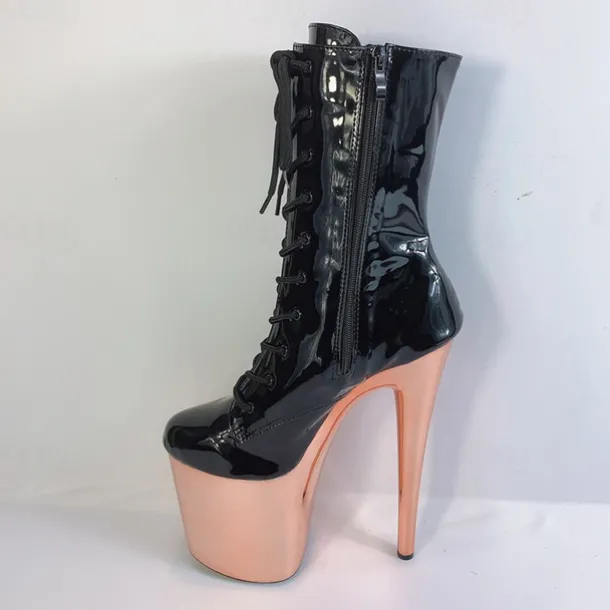 Women's Sexy Platform Lace-Up Stiletto Heeled Dance Boots - Black and Red Patent Leather Ankle Boots for Performances, Night Out, and Cosplay