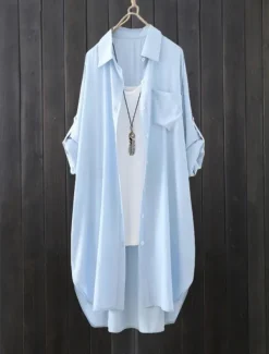 Women's Shacket Comfortable Breathable Buttons Casual Plain Vacation Street Casual Daily Wear Single Breasted Long Lapel Regular Fit Long Sleeve Outerwear White Blue Spring Fall