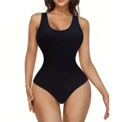 Women's Shapewear Tank Bodysuit - Black Vest Tight Bodycon One-Piece Crew Neck Underwear & Lingerie