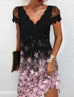 Women's Shift Dress Knee Length Dress White Black Pink Short Sleeve Floral Lace Print Spring Summer V Neck Stylish Casual Modern Loose 2023 S M L XL XXL 3XL