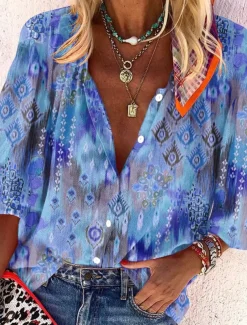 Women's Shirt Basic Buttons Print Long Sleeve Regular Tops Casual Pink Blue Green Spring Fall