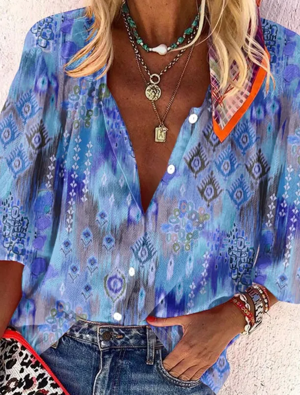 Women's Shirt Basic Buttons Print Long Sleeve Regular Tops Casual Pink Blue Green Spring Fall