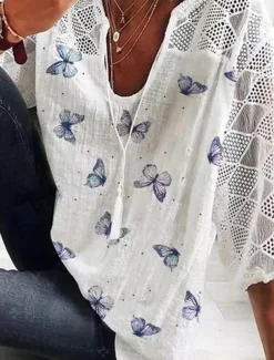 Women's Shirt Blouse Butterfly Daily Basic 3/4 Length Sleeve V Neck Regular Tops Daily Patchwork Print White Yellow Blue Summer Spring