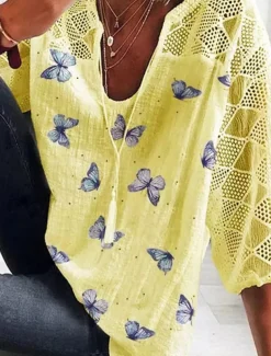 Women's Shirt Blouse Butterfly Daily Basic 3/4 Length Sleeve V Neck Regular Tops Daily Patchwork Print White Yellow Blue Summer Spring