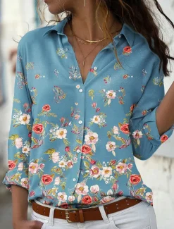 Women's Shirt Blouse Casual Floral Buttons Print Long Sleeve Regular Tops Shirt Collar Vacation Daily Blue Green Spring & Fall