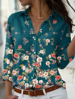 Women's Shirt Blouse Casual Floral Buttons Print Long Sleeve Regular Tops Shirt Collar Vacation Daily Blue Green Spring & Fall
