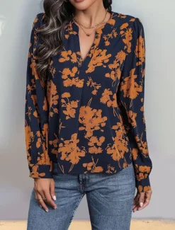 Women's Shirt Blouse Casual Floral Print Long Sleeve Regular Tops V Neck Vacation Daily Navy Blue Spring & Summer