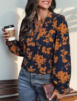 Women's Shirt Blouse Casual Floral Print Long Sleeve Regular Tops V Neck Vacation Daily Navy Blue Spring & Summer