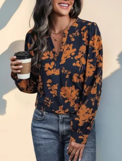 Women's Shirt Blouse Casual Floral Print Long Sleeve Regular Tops V Neck Vacation Daily Navy Blue Spring & Summer