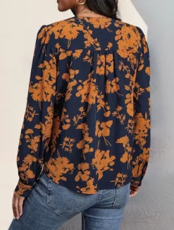 Women's Shirt Blouse Casual Floral Print Long Sleeve Regular Tops V Neck Vacation Daily Navy Blue Spring & Summer