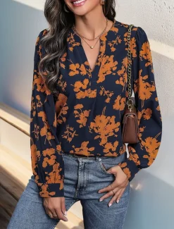 Women's Shirt Blouse Casual Floral Print Long Sleeve Regular Tops V Neck Vacation Daily Navy Blue Spring & Summer