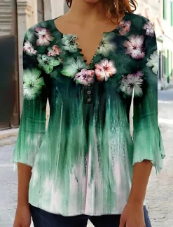 Women's Shirt Blouse Casual Floral Buttons Print 3/4 Length Sleeve Regular Tops Crew Neck Vacation Daily Blue Green Light Blue Spring & Summer