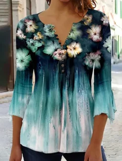 Women's Shirt Blouse Casual Floral Buttons Print 3/4 Length Sleeve Regular Tops Crew Neck Vacation Daily Blue Green Light Blue Spring & Summer