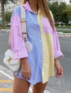 Women's Shirt Blouse Casual Color Block Striped Buttons Pocket Print Long Sleeve Regular Tops Shirt Collar Daily Pink Blue Spring & Summer
