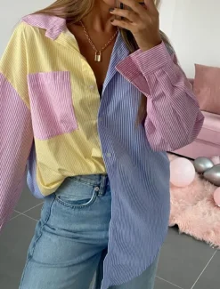 Women's Shirt Blouse Casual Color Block Striped Buttons Pocket Print Long Sleeve Regular Tops Shirt Collar Daily Pink Blue Spring & Summer