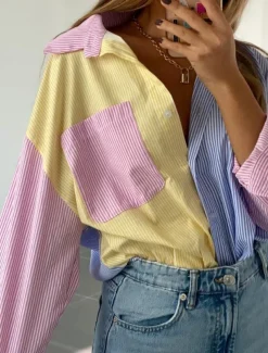 Women's Shirt Blouse Casual Color Block Striped Buttons Pocket Print Long Sleeve Regular Tops Shirt Collar Daily Pink Blue Spring & Summer