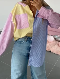 Women's Shirt Blouse Casual Color Block Striped Buttons Pocket Print Long Sleeve Regular Tops Shirt Collar Daily Pink Blue Spring & Summer