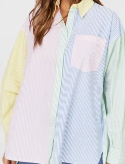 Women's Shirt Blouse Casual Color Block Striped Buttons Pocket Print Long Sleeve Regular Tops Shirt Collar Daily Pink Blue Spring & Summer