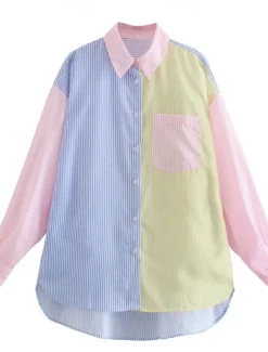 Women's Shirt Blouse Casual Color Block Striped Buttons Pocket Print Long Sleeve Regular Tops Shirt Collar Daily Pink Blue Spring & Summer