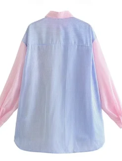 Women's Shirt Blouse Casual Color Block Striped Buttons Pocket Print Long Sleeve Regular Tops Shirt Collar Daily Pink Blue Spring & Summer
