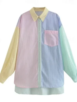 Women's Shirt Blouse Casual Color Block Striped Buttons Pocket Print Long Sleeve Regular Tops Shirt Collar Daily Pink Blue Spring & Summer