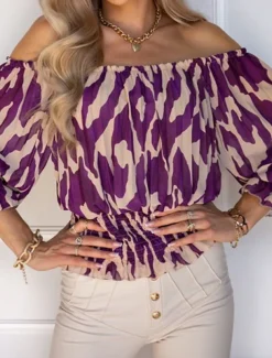 Women's Shirt Blouse Casual Print Long Sleeve Regular Tops Off Shoulder Daily Purple Spring & Summer