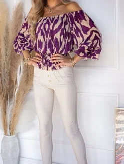 Women's Shirt Blouse Casual Print Long Sleeve Regular Tops Off Shoulder Daily Purple Spring & Summer