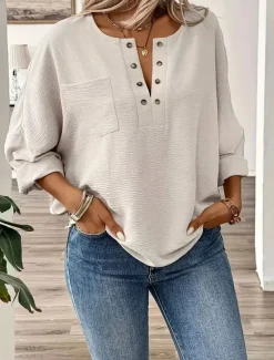 Women's Shirt Blouse Cotton Linen Shirts Solid Color Elegant Stylish Casual Long Sleeve V Neck Regular Tops Daily Holiday Going out Buttons Beige Summer Spring Fall