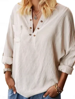 Women's Shirt Blouse Cotton Linen Shirts Solid Color Elegant Stylish Casual Long Sleeve V Neck Regular Tops Daily Holiday Going out Buttons Beige Summer Spring Fall