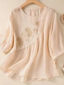 Women's Shirt Blouse Cotton Linen Shirts Solid Color Basic Casual 3/4 Length Sleeve Crew Neck Regular Tops Daily Embroidered White Pink Blue Khaki Summer Spring