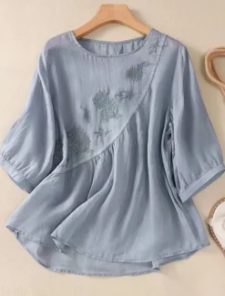 Women's Shirt Blouse Cotton Linen Shirts Solid Color Basic Casual 3/4 Length Sleeve Crew Neck Regular Tops Daily Embroidered White Pink Blue Khaki Summer Spring
