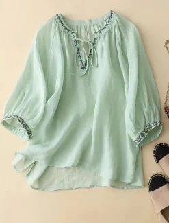 Women's Shirt Blouse Cotton Linen Shirts Plain Fashion V Neck Street Daily Embroidered White Light Green Pink Summer