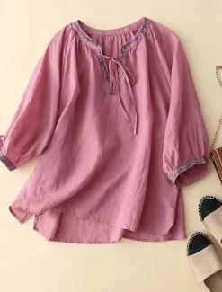 Women's Shirt Blouse Cotton Linen Shirts Plain Fashion V Neck Street Daily Embroidered White Light Green Pink Summer